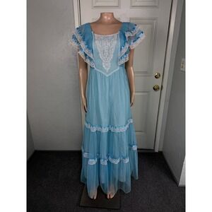 Vintage 70s Prairie Women's Dress Formal Lace Ruffle Maxi Long Evening H4-7